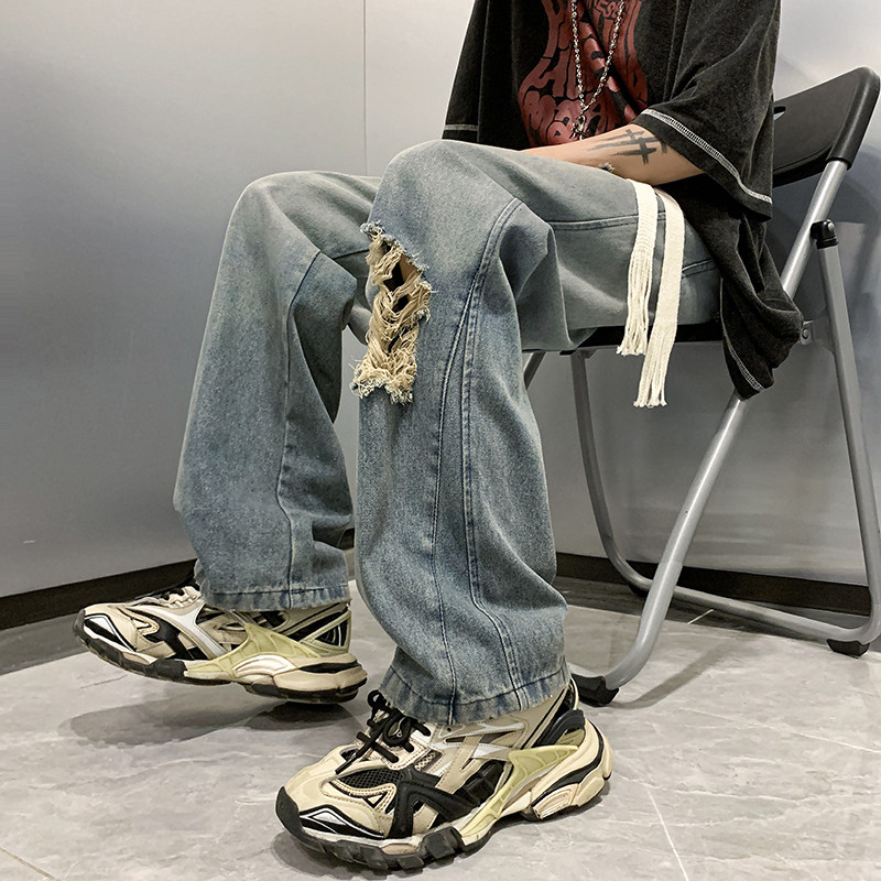 港风夏款男牛仔裤膝盖破洞拼接牛仔长裤nk1709P50,男装牛仔裤,星座1013-1