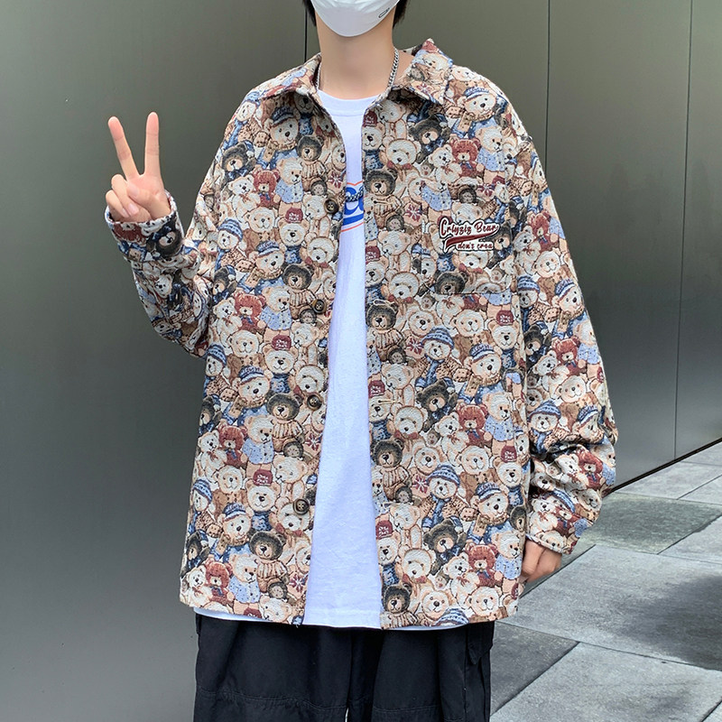 2022港风春款男长袖衬衫小熊印花百搭休闲衬衣CS70,男装衬衫,星座1013-1