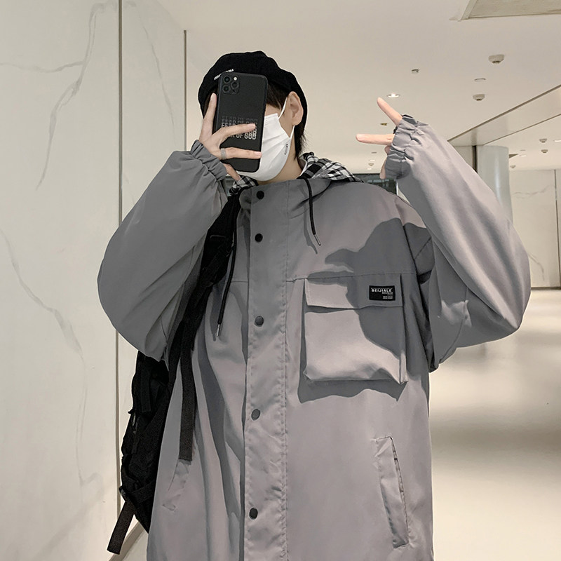 港风春款男工装夹克大口袋假两件格子拼接连帽外套J,男装夹克,星座1013-1