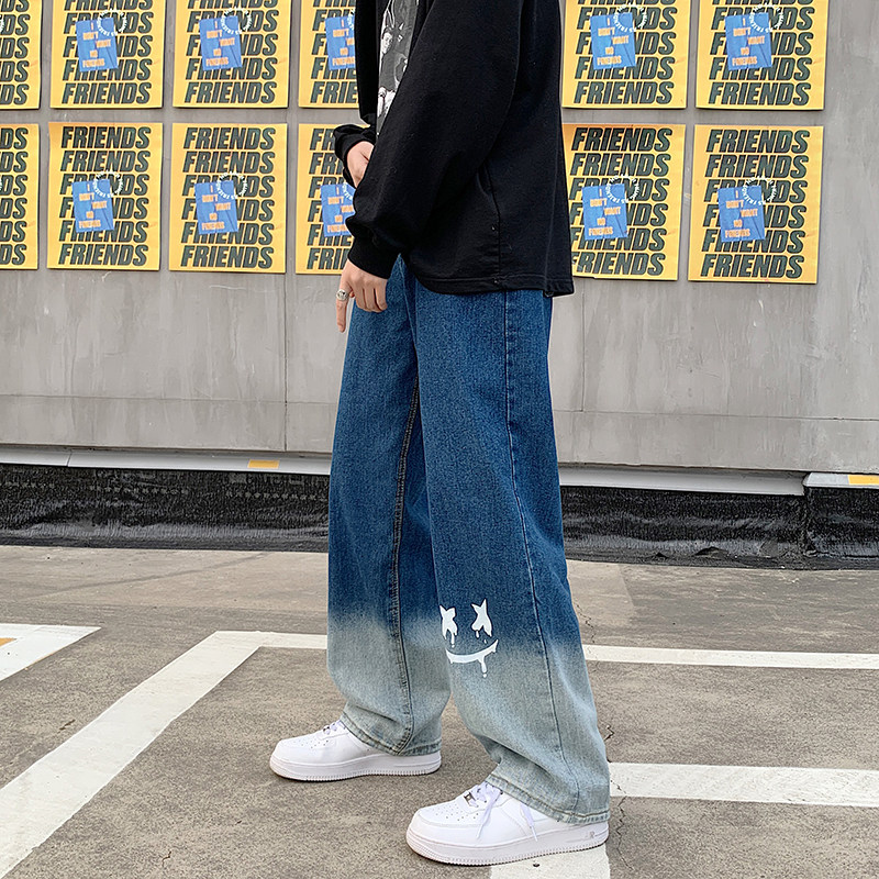 2022港风春款男牛仔裤复古渐变色笑脸印花直筒长裤n,男装牛仔裤,星座1013-1