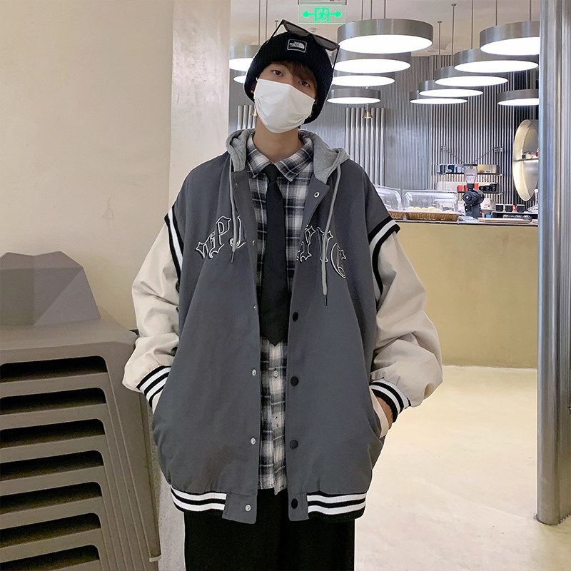 港风秋款男假二件夹克棒球服连帽单排扣刺绣字母外套JK8036P65,男装夹克,星座1013-1