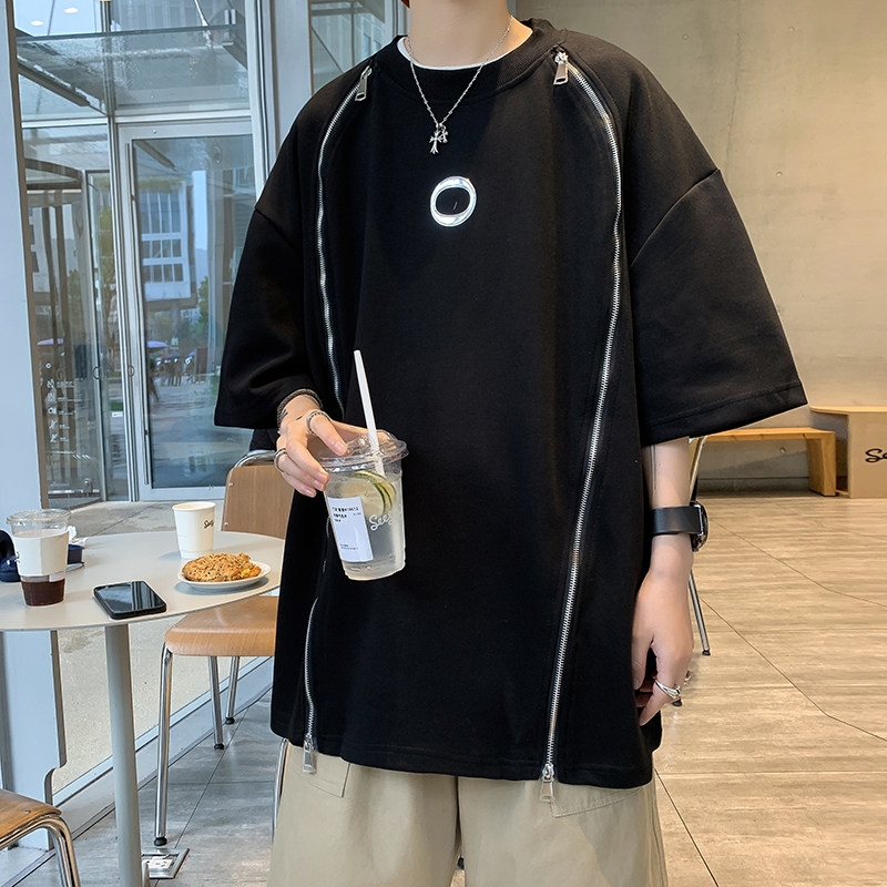 港风夏男短袖纯棉T恤双拉链印花宽松版中长款五分袖T恤衫T020P35,男装T恤,星座1013-1