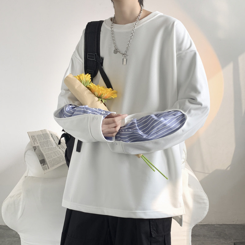 2022港风春男卫衣假两件圆领条纹拼接休闲外套wy5080,男装卫衣,星座1013-1