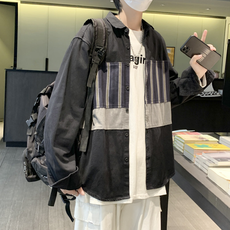 2022港风春款男长袖衬衫工装条纹拼接休闲翻领衬衣外套CS1135,男装衬衫,星座1013-1