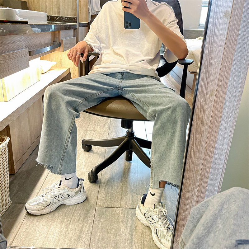 港风夏款男牛仔裤破洞直筒不规则裤脚百搭九分裤nk3027  P40图片
