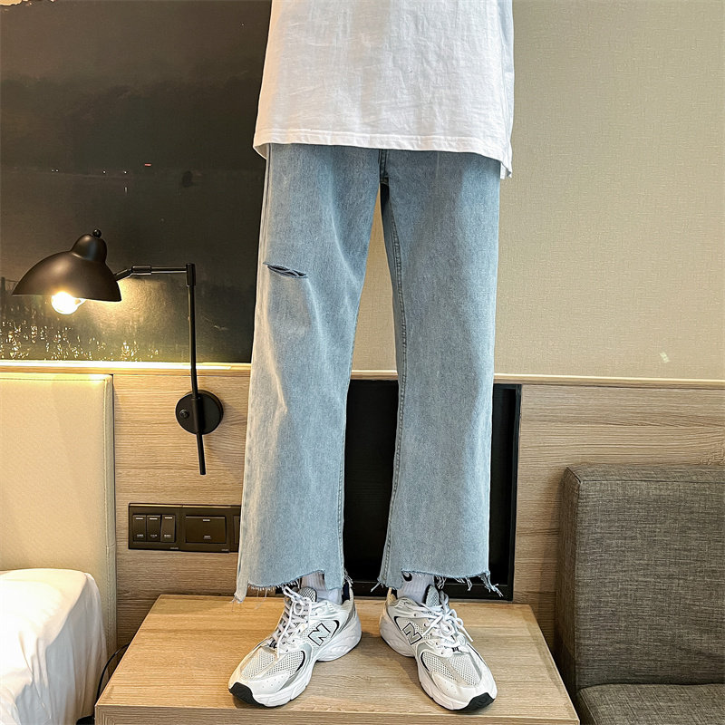 港风夏款男牛仔裤破洞直筒不规则裤脚百搭九分裤nk3027P40,男装牛仔裤,星座1013-1