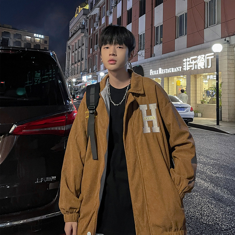 港风秋款男夹克灯芯绒字母刺绣印花休闲外套J,男装夹克,星座1013-1