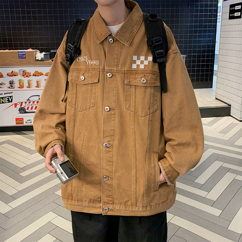 港风春款男牛仔夹克衫棋盘格字母刺绣人物休闲外套J,男装夹克,星座1013-1
