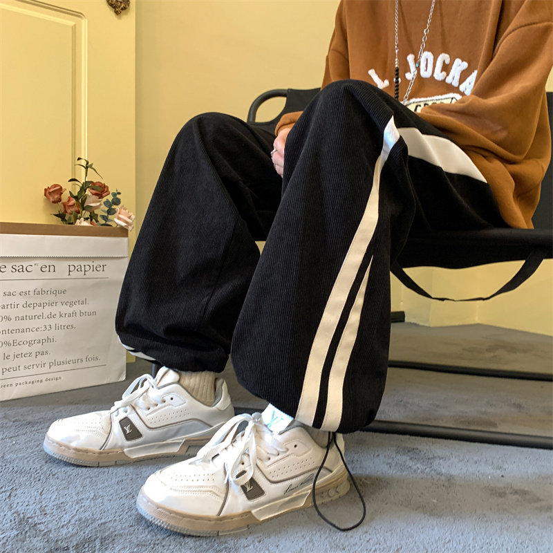 秋冬男裤字母印花灯芯绒条纹拼接抽绳束脚休闲直筒长裤h7114 P40图片