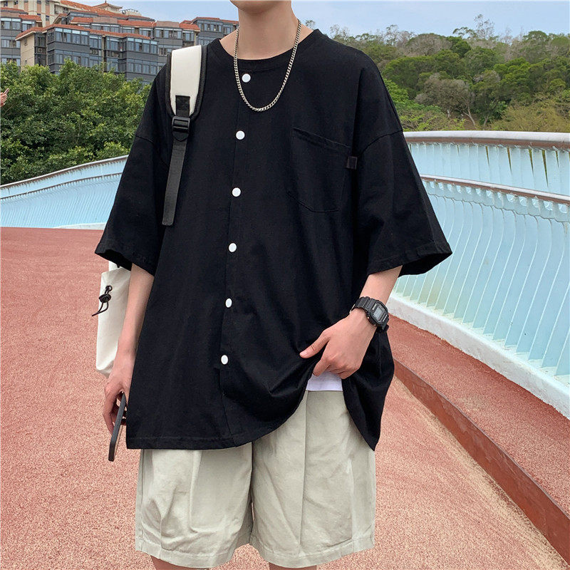 港风夏短袖T恤假纽扣纯色宽松百搭五分T恤衫T323P35,男装T恤,星座1013-1