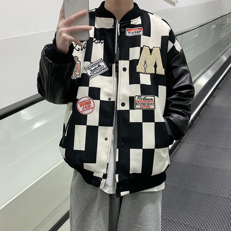 2022港风春款男夹克棒球领字母印花PU皮拼接棋盘格外套J,男装皮衣,星座1013-1