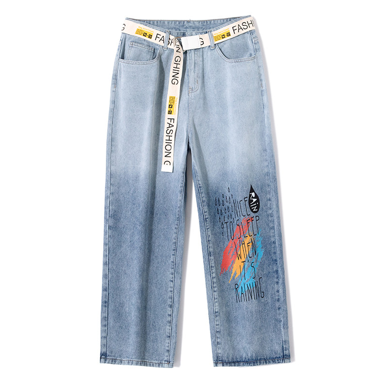 港风夏高品质男牛仔裤彩虹字母印花宽松直筒渐变裤nk2128P60,男装牛仔裤,星座1013-1