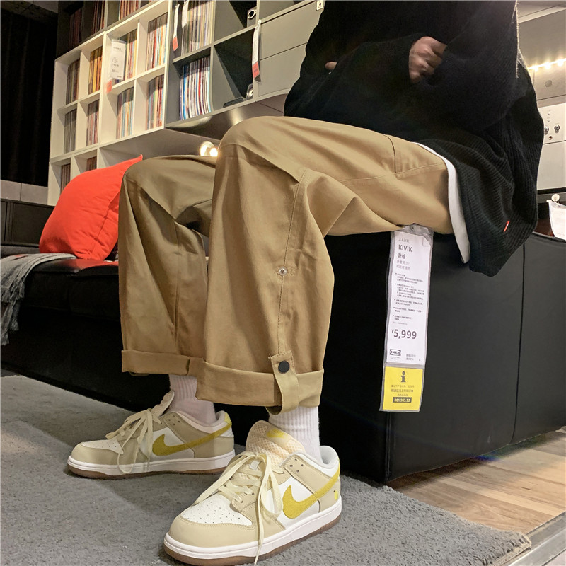 港风秋款男工装裤大口袋织带暗扣纯棉直筒九分裤h254 P45图片