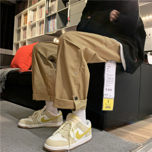 港风秋款男工装裤大口袋织带暗扣纯棉直筒九分裤h254 P45图片