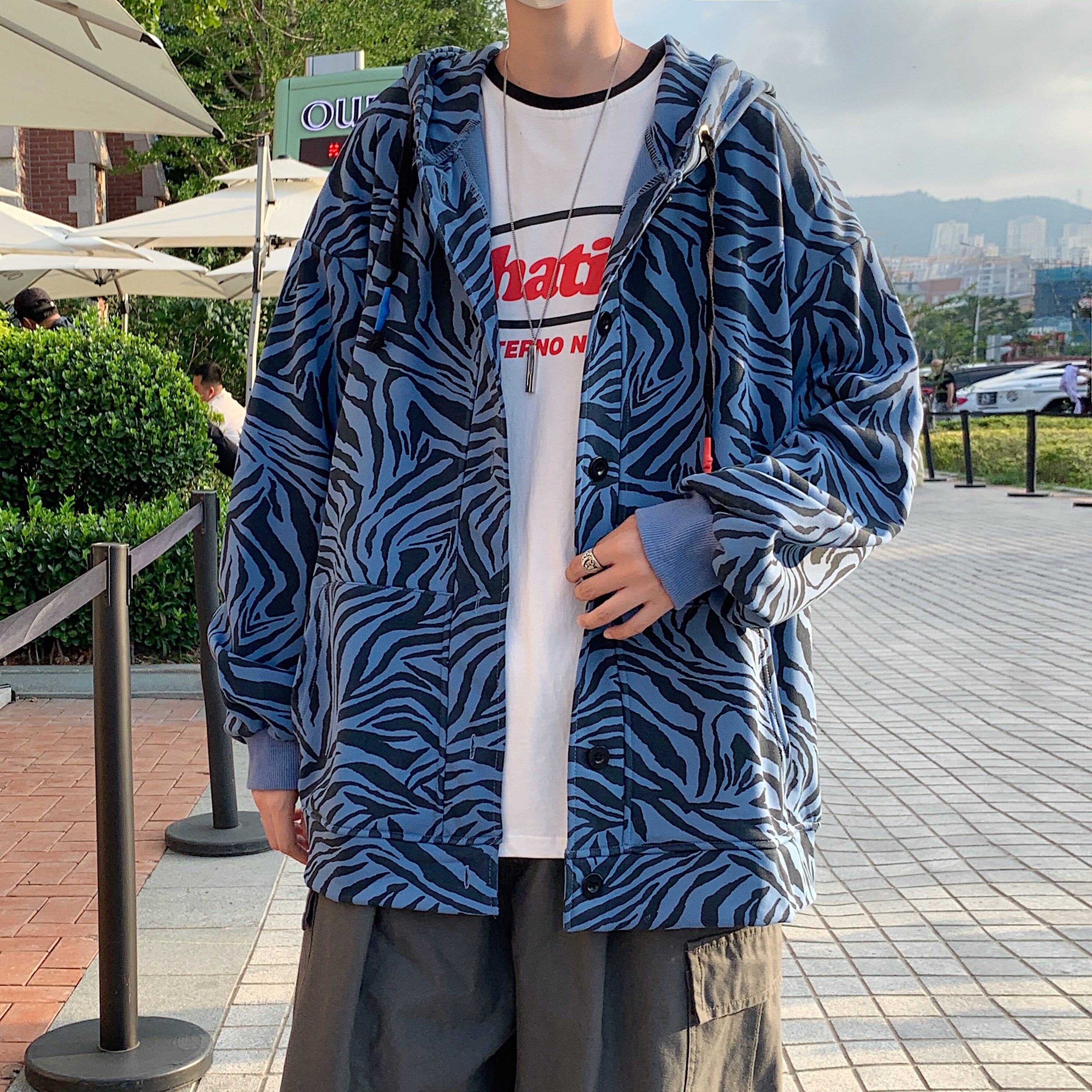 2021港风秋款男休闲卫衣连帽单排扣斑马印花外套J,男装卫衣,星座1013-1