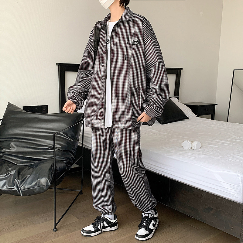 港风春男休闲套装贴标条纹格子夹克外套休闲裤TZ05，男装休闲套装，星座1013-1