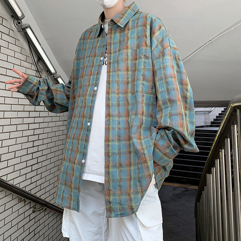 高品质秋款男长袖衬衫格子拼接休闲宽松衬衣外套CS126P40,男装衬衫,星座1013-1