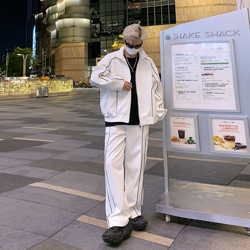 港风秋款男休闲运动套装条纹立领拉链卫衣外套休闲长裤TZ119P75,男装休闲套装,星座1013-1