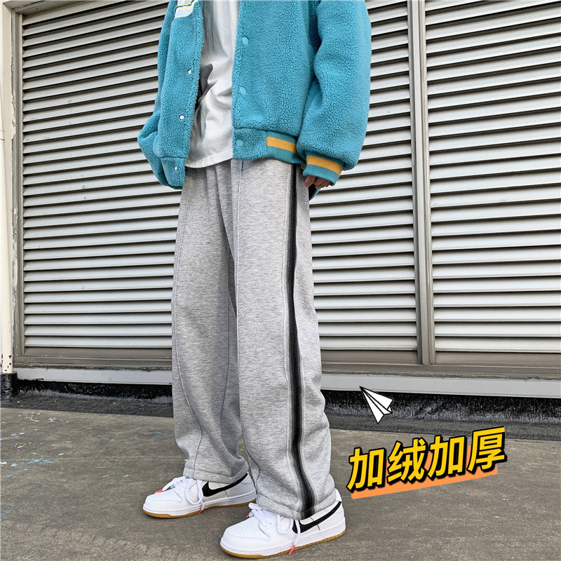 加绒加厚冬款男裤条纹拼接直筒百搭休闲长裤h379加绒图片