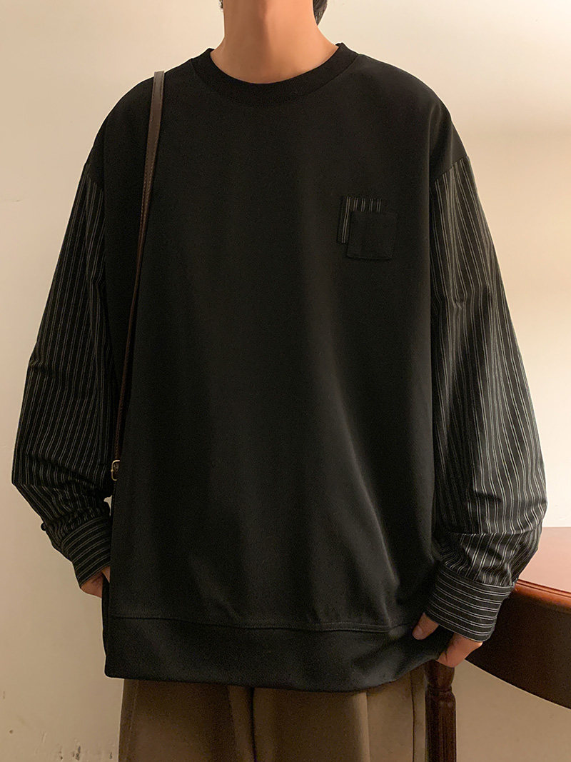 高品质秋款男圆领卫衣假两件衬衫袖条纹拼接休闲外套wy122P40,男装夹克,星座1013-1