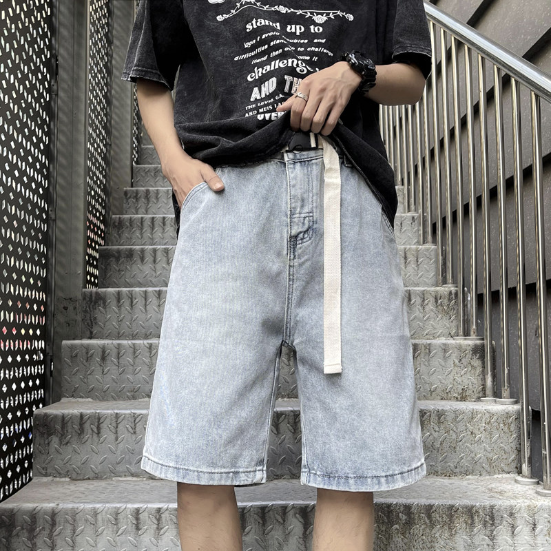 港风夏款男牛仔短裤纯色长腰带休闲中裤D885 P38图片