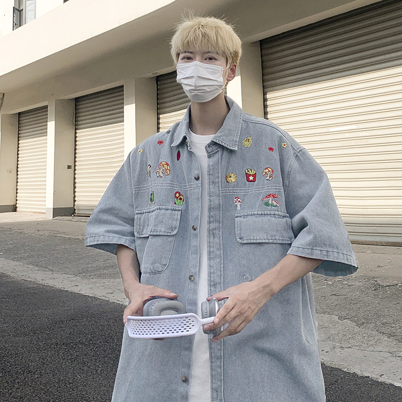 港风夏款男短袖牛仔宽松衬衫涂鸦印花中袖百搭衬衣CS981P55,男装衬衫,星座1013-1