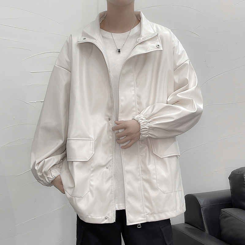 港风秋冬款男皮衣工装大口袋立领韩版休闲皮夹克纯色外套J,男装皮衣,星座1013-1
