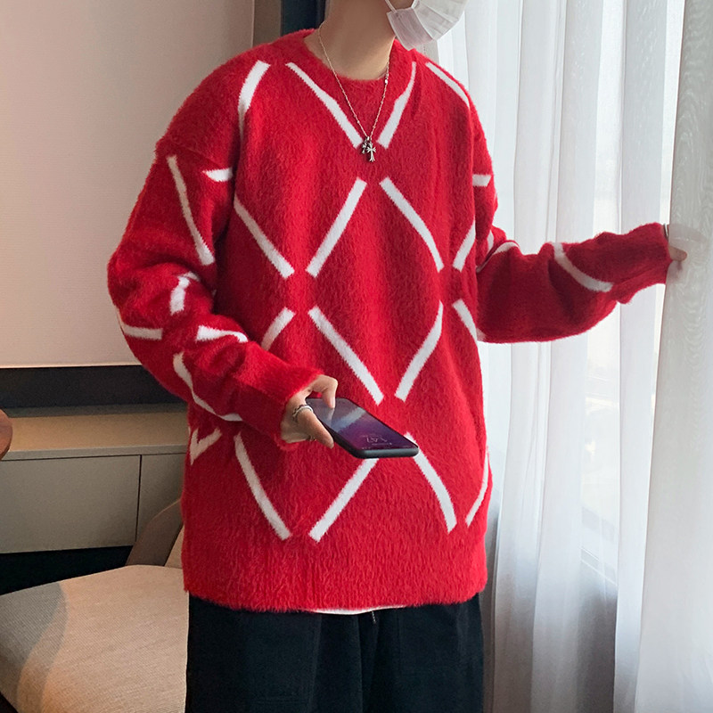 冬款男针织套头圆领毛衣菱形条纹拼接加厚打底外套M0117,男装针织衫/毛衣,星座1013-1
