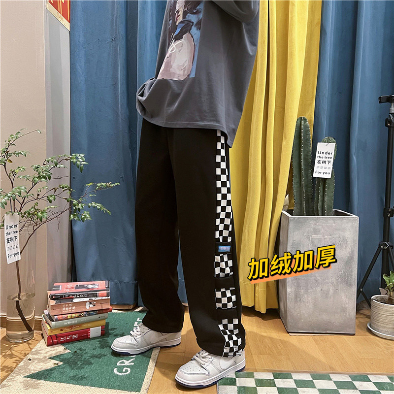 港风冬款男休闲束脚裤加绒加厚棋牌格拼接工装九分裤h384,男装休闲裤,星座1013-1