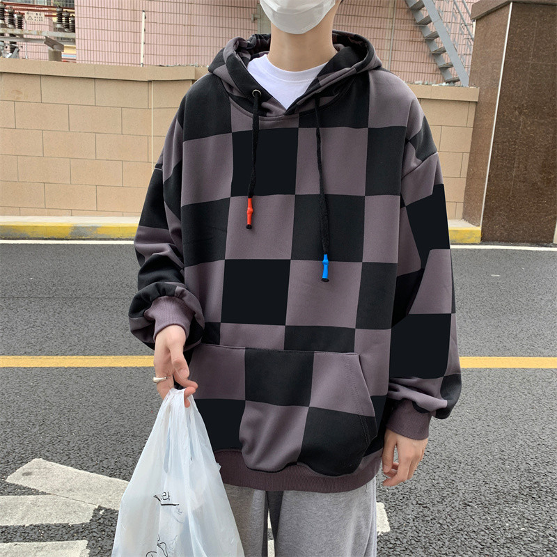 加绒加厚冬款男休闲套头卫衣连帽卫衣棋盘格拼接外套wy09,男装卫衣,星座1013-1