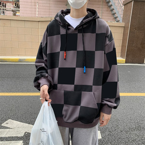 加绒加厚冬款男休闲套头卫衣连帽卫衣棋盘格拼接外套wy09图片