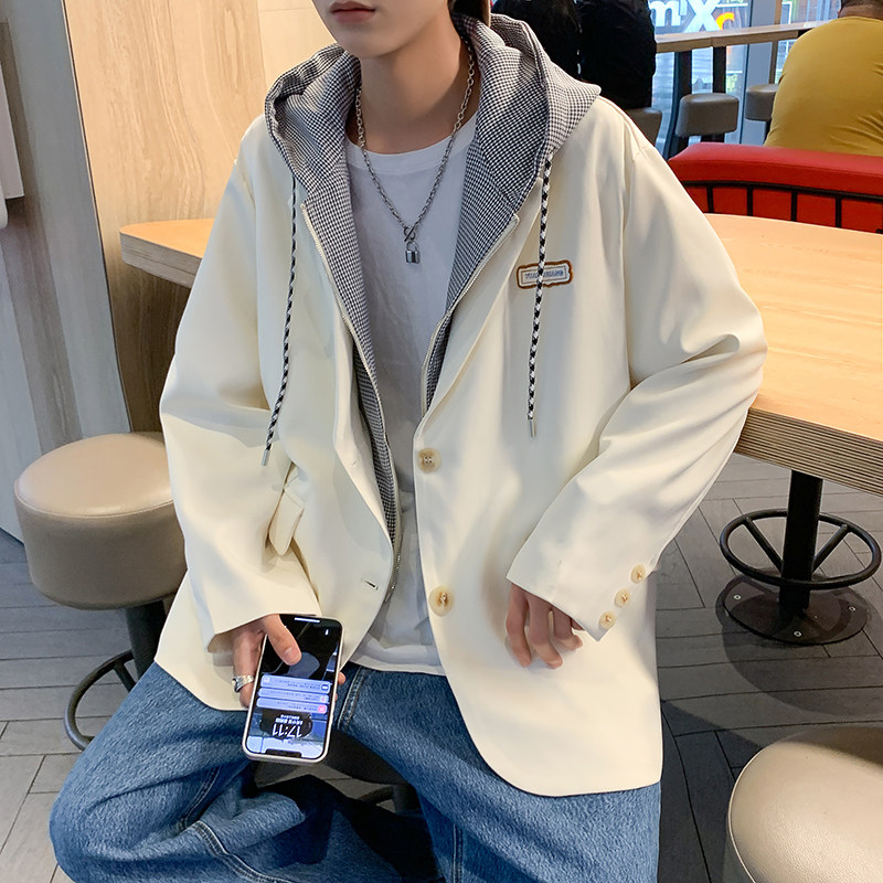 秋款男假两件西装外套连帽条纹便服单西外套小西服JK6507 P75图片