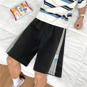 港风夏款男短条纹拼接休闲五分裤运动贴标宽松短裤D32  P25图片
