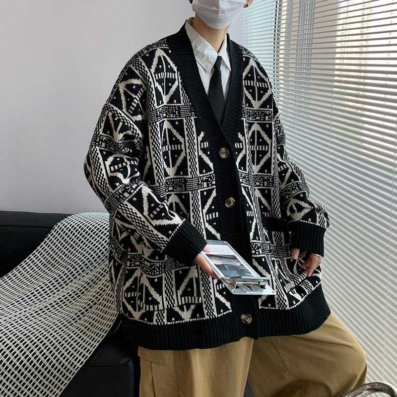 秋款男针织开衫条纹V领毛衣几何印花单排扣外套M83,男装针织衫/毛衣,星座1013-1