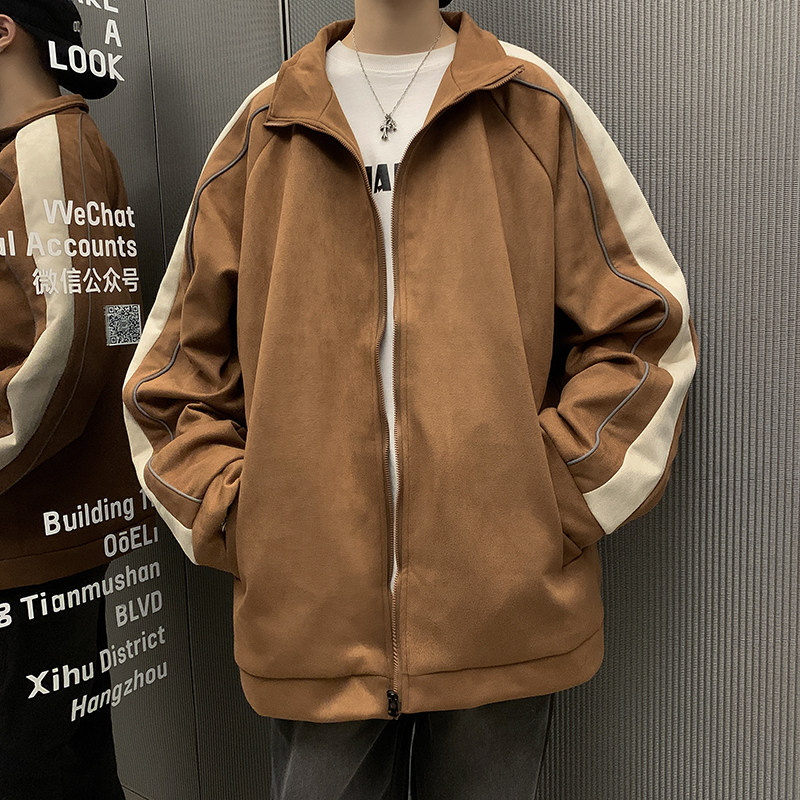 港风秋款男立领夹克麂皮绒反光条纹拼接休闲外套JK117P65,男装夹克,星座1013-1