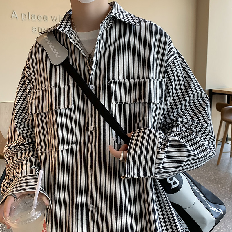 港风夏款男长袖衬衫免烫条纹休闲衬衣工装大口袋CS4032P40,男装衬衫,星座1013-1