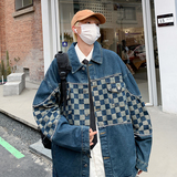 2023高品质春款男牛仔夹克衫棋盘格方格拼接休闲外套JK001P70，男装夹克，星座1013-1
