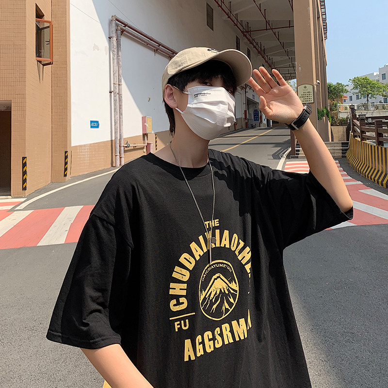港风夏款宽松短袖纯棉T恤字母图案印花休闲五分袖T恤衫T601P25,男装T恤,星座1013-1