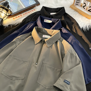 夏款男短袖T恤工装口袋拉链衬衫字母贴标外套T恤衫T613 P35图片