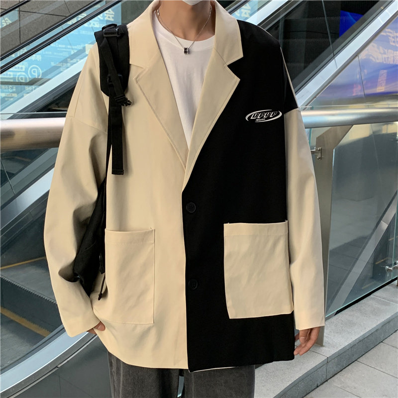 港风秋款男西装外套拼接款单西二粒扣外套小西服Y6522图片