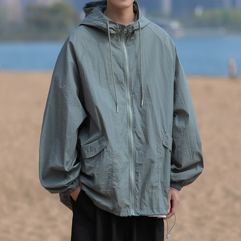 港风夏款男防晒衣服连帽工装大口袋抽绳冲锋衣外套JK9235P40,男装夹克,星座1013-1