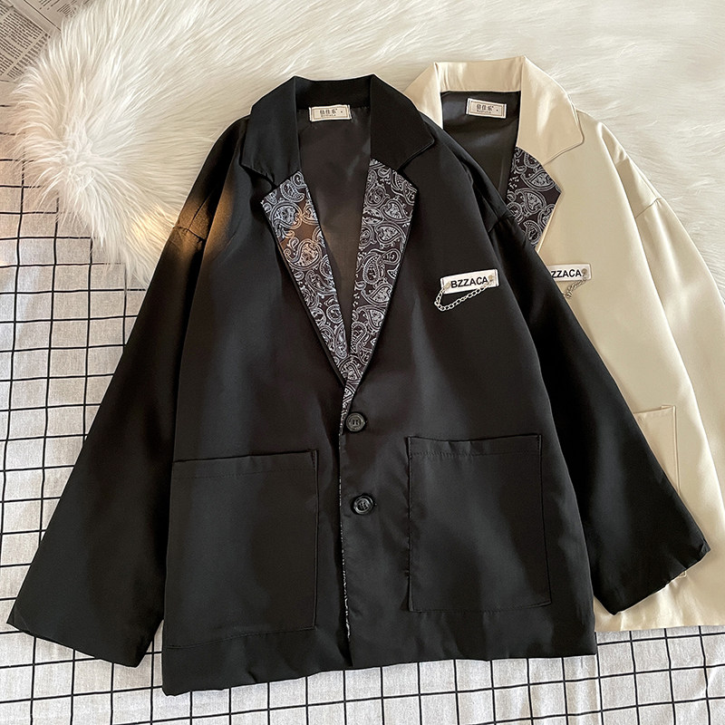 港风秋款男西装外套腰果印花拼接便服单西铁链小西服J,男装西服,星座1013-1