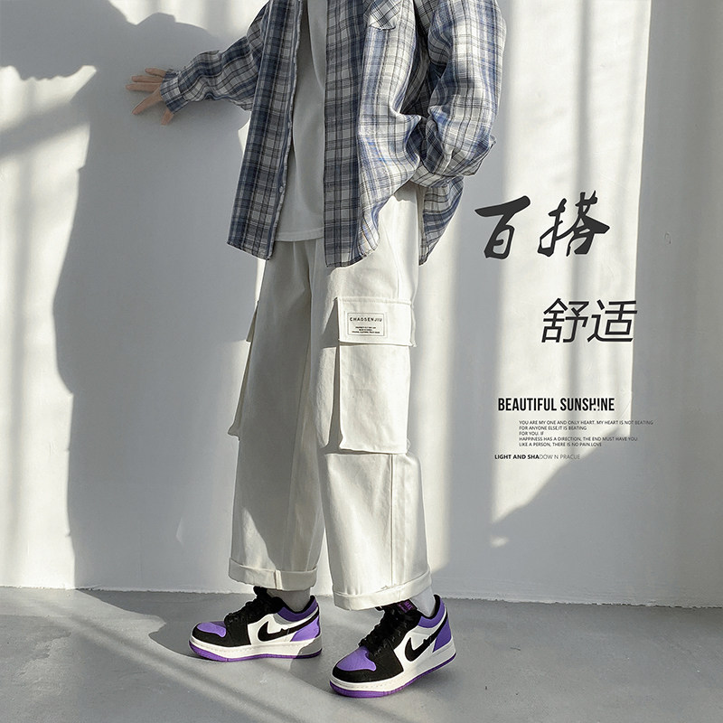 2022港风春款男工装裤大口袋宽松阔腿字母印花九分裤h63图片