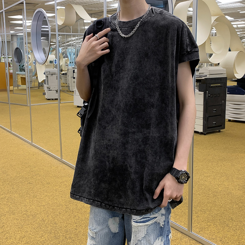 港风夏款男背心运动马甲纯棉水洗做旧坎肩纯色T恤T112 P35图片