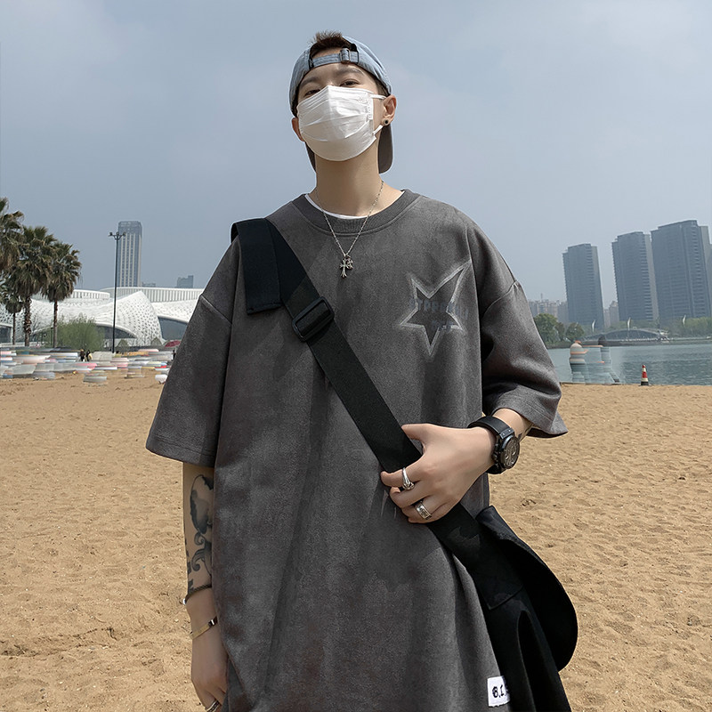 夏款男短袖T恤圆领免烫包边麂皮绒字母五角星印花T恤衫T3031P35,男装T恤,星座1013-1