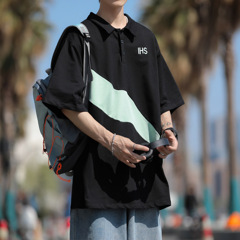 高品质夏款男短袖POLO衫字母印花条纹拼接休闲T恤衫T912P35,男装T恤,星座1013-1