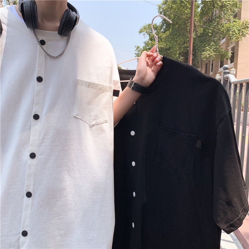 港风夏短袖T恤假纽扣纯色宽松百搭五分T恤衫T323P35,男装T恤,星座1013-1