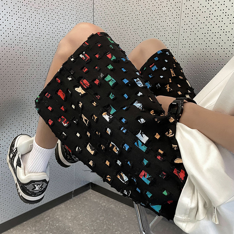 港风夏款男休闲短裤纯棉水洗破洞镂空补丁拼接五分裤D043P45,男装休闲裤,星座1013-1