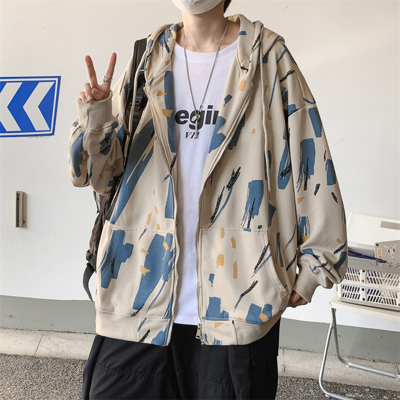 2021港风秋款男迷彩休闲卫衣扎染拉链连帽休闲外套wy32 P35图片