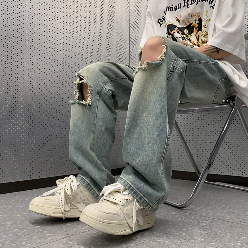 港风夏款男牛仔裤膝盖大破洞直筒宽松休闲长裤nk8040P45,男装牛仔裤,星座1013-1